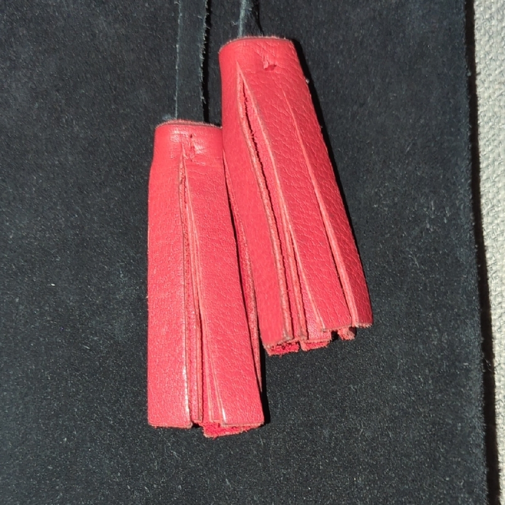 Black Suede Tote Bag with Red Leather Tassel Accents - Picture 5 of 6